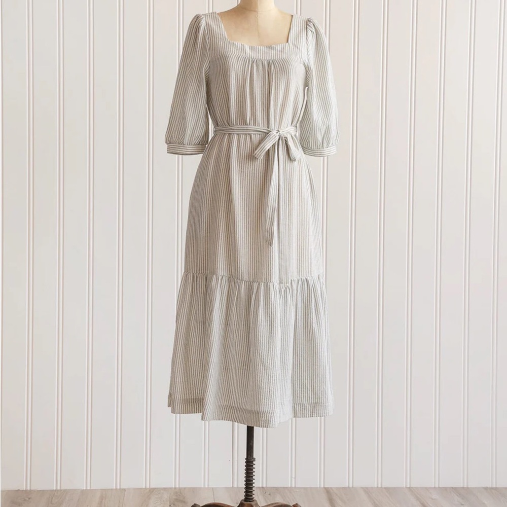 Neuflora Breckenridge Blue Striped Midi Sundress with Puff Sleeves